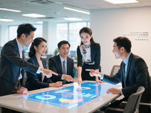 现代办公环境中年轻专业团队开会讨论项目，背景有技术图表和显示屏，明亮自然光