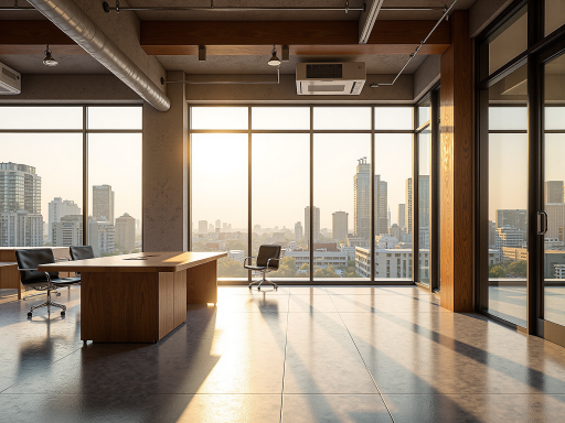 宽敞明亮的现代化办公室内部，有会议桌和办公设备，自然采光充足