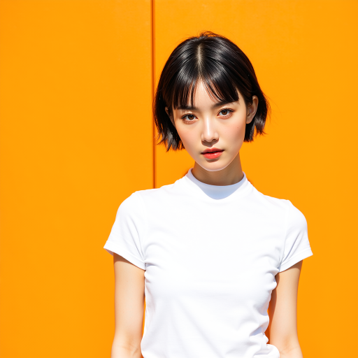 三十五岁左右女性头像，穿白色衬衫，黑色短发，专注表情，浅色背景